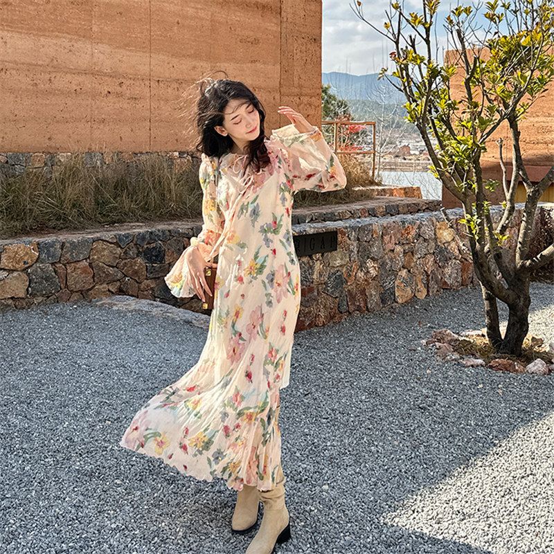 [Hàng Có Sẵn] Đầm Dài Xếp Ly Dạng Nhấn In Họa Tiết Thời Trang 2023