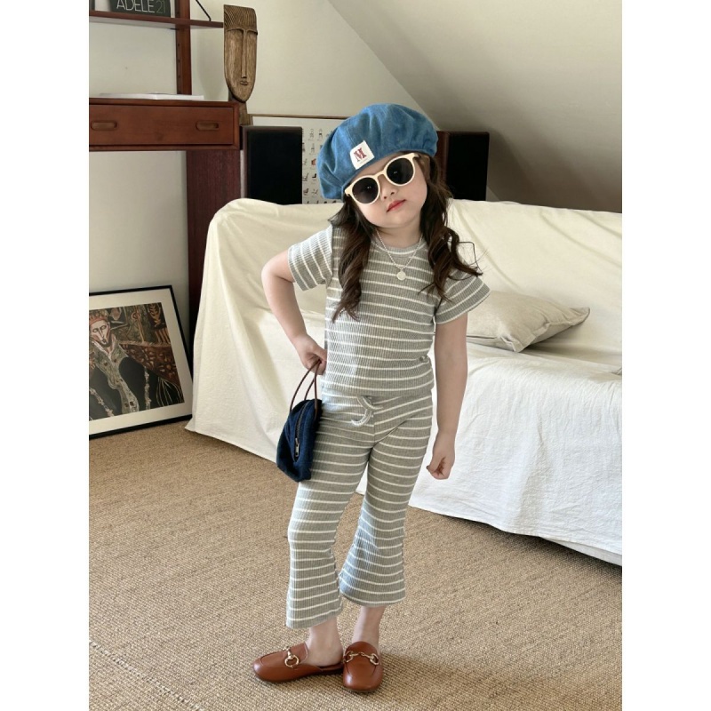 Bộ Áo Thun Kẻ Sọc + Quần Co Giãn Phong Cách Hàn Quốc Dễ Thương Cho Bé Gái