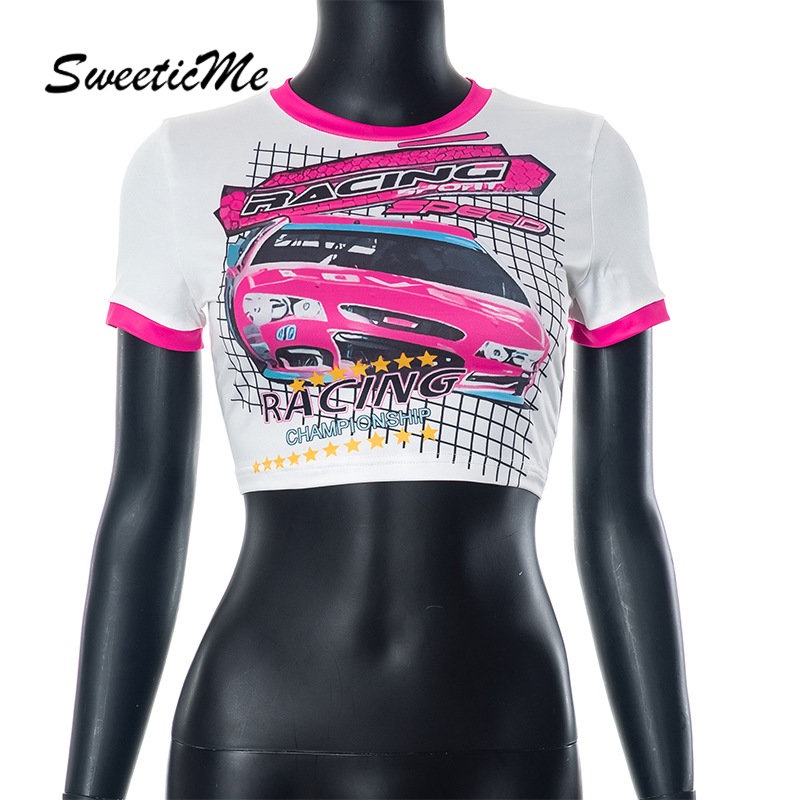 Áo Thun Croptop Tay Ngắn Cổ Tròn Dáng Ôm In Họa Tiết Thời Trang 2023 Cho Bạn Gái