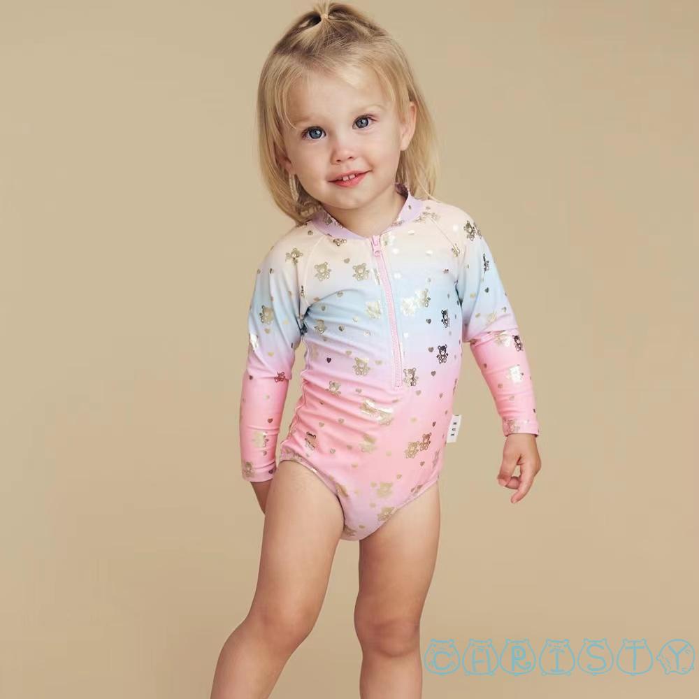 Bộ Đồ Bơi Tay Dài Cổ Tròn Có Khóa Kéo Màu Sắc Gradient Dành Cho Bé Gái