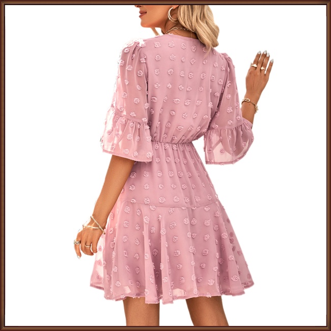 Đầm Tay Ngắn Cổ Chữ V Màu Trơn Thời Trang Mùa Hè Dễ Thương Cho Nữ