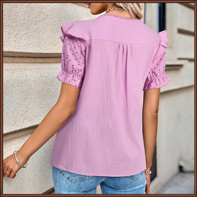 Áo Kiểu Tay Phồng Ngắn Cổ Chữ V Màu Sắc Đơn Giản Thời Trang Đi Biển Cho Nữ