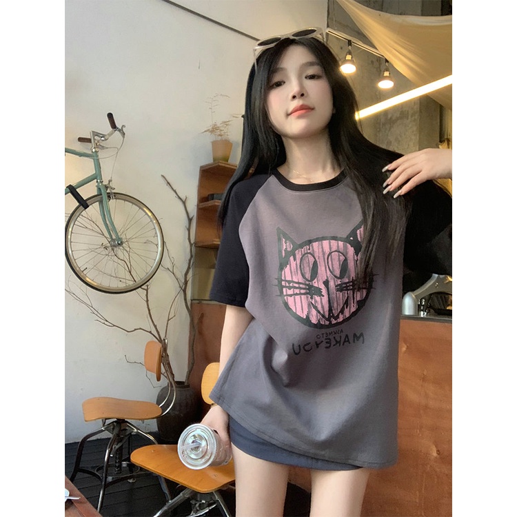 Áo Thun Raglan Tay Ngắn In Họa Tiết Hoạt Hình Phong Cách Hàn Quốc Thời Trang Mùa Hè Cho Nữ
