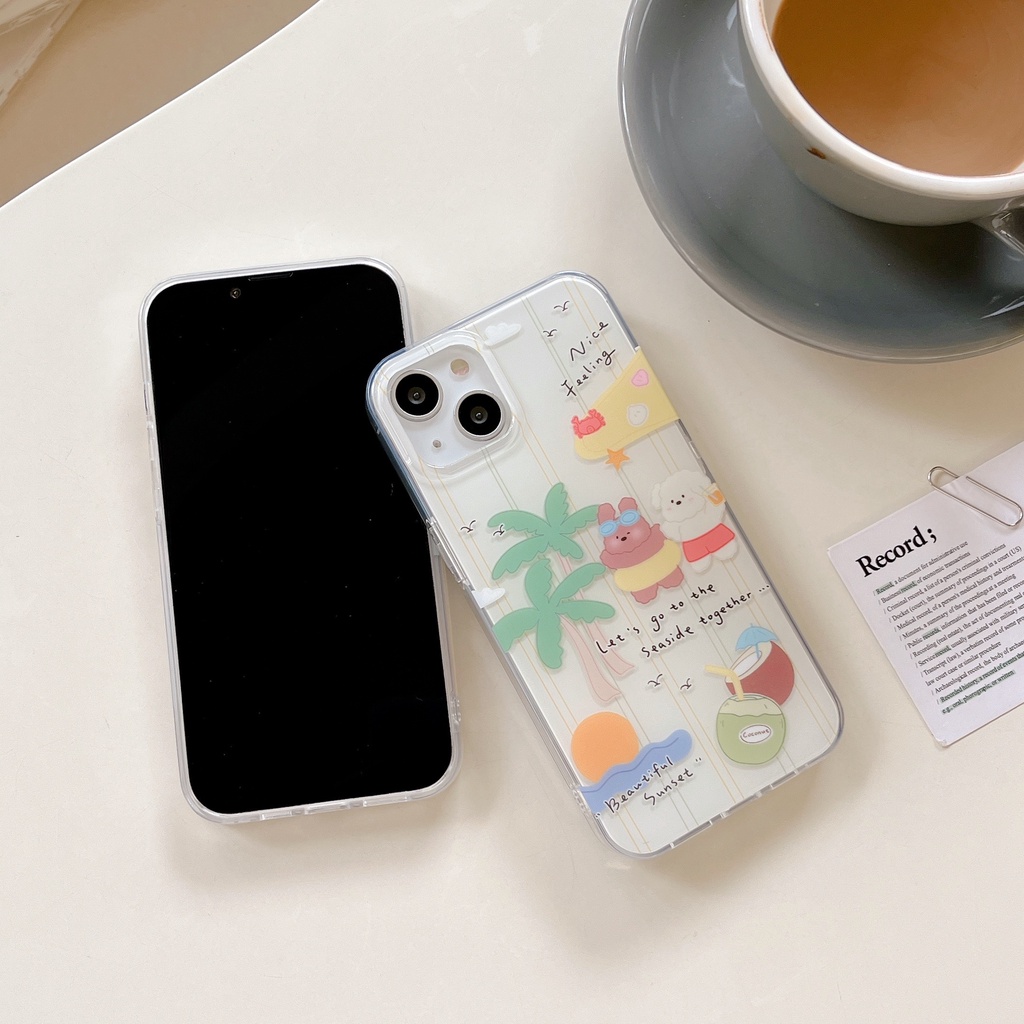 Ốp Điện Thoại Chống Sốc Hai Mặt Họa Tiết Cây Dừa Hoạt Hình Gắn Dây Đeo Cho IPhone 14 13 12 11 Pro Max