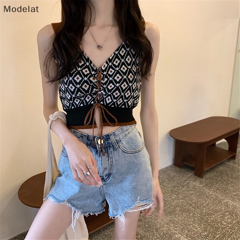 Áo Dệt Kim Hai Dây Cổ Chữ V Phong Cách Retro Cho Nữ