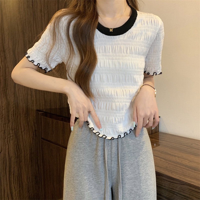 NZN Áo Thun Croptop Dáng Rộng Cổ Tròn Phối Màu Tương Phản Cá Tính Cho Nữ