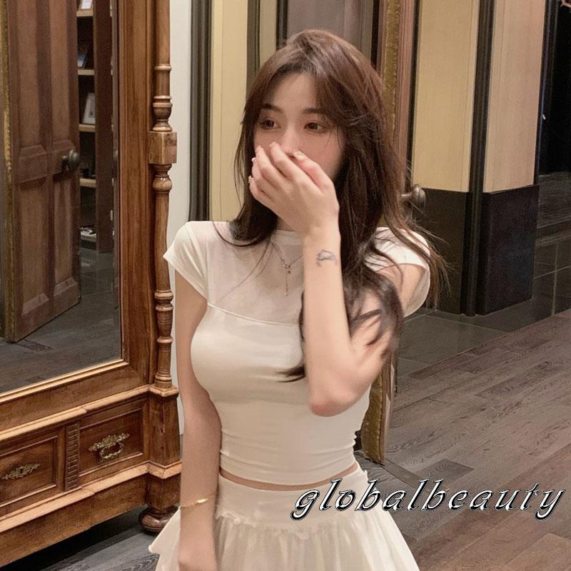 Áo Thun Crop Top Tay Ngắn Phối Lưới Mỏng Thời Trang Mùa Hè Cho Nữ