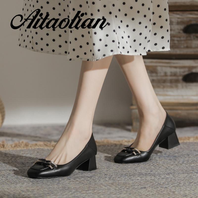 Giày Cao Gót 4cm Da Mềm Mũi Vuông Kiểu retro Anh Xinh Xắn Cho Nữ