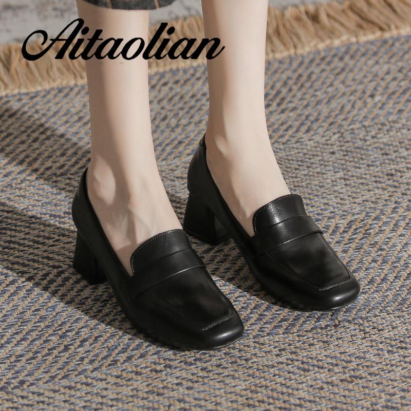 Giày Cao Gót 6cm Da Thật Mũi Vuông Phong Cách retro Anh Quốc Cho Nữ Mềm