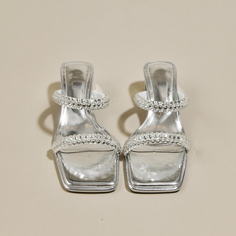 Duoya Tóc Thẳng ~ [Hàng Có Sẵn] Giày Cao Gót Sandal Hở Ngón Đế Dày Quai Đính Đá Rhinestone Dễ Phối Đồ Cho Nữ Miễn Phí Vận Chuyển