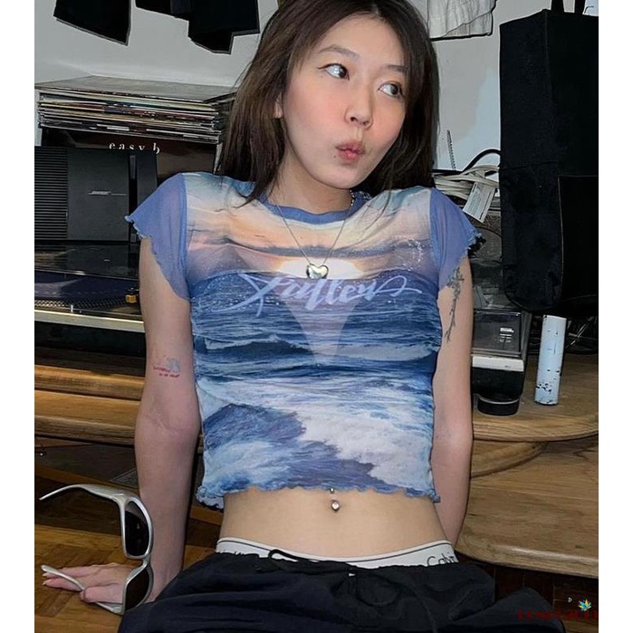 Áo Thun Crop Top Tay Ngắn Cổ Tròn In Họa Tiết Thời Trang Mùa Hè Cho Nữ