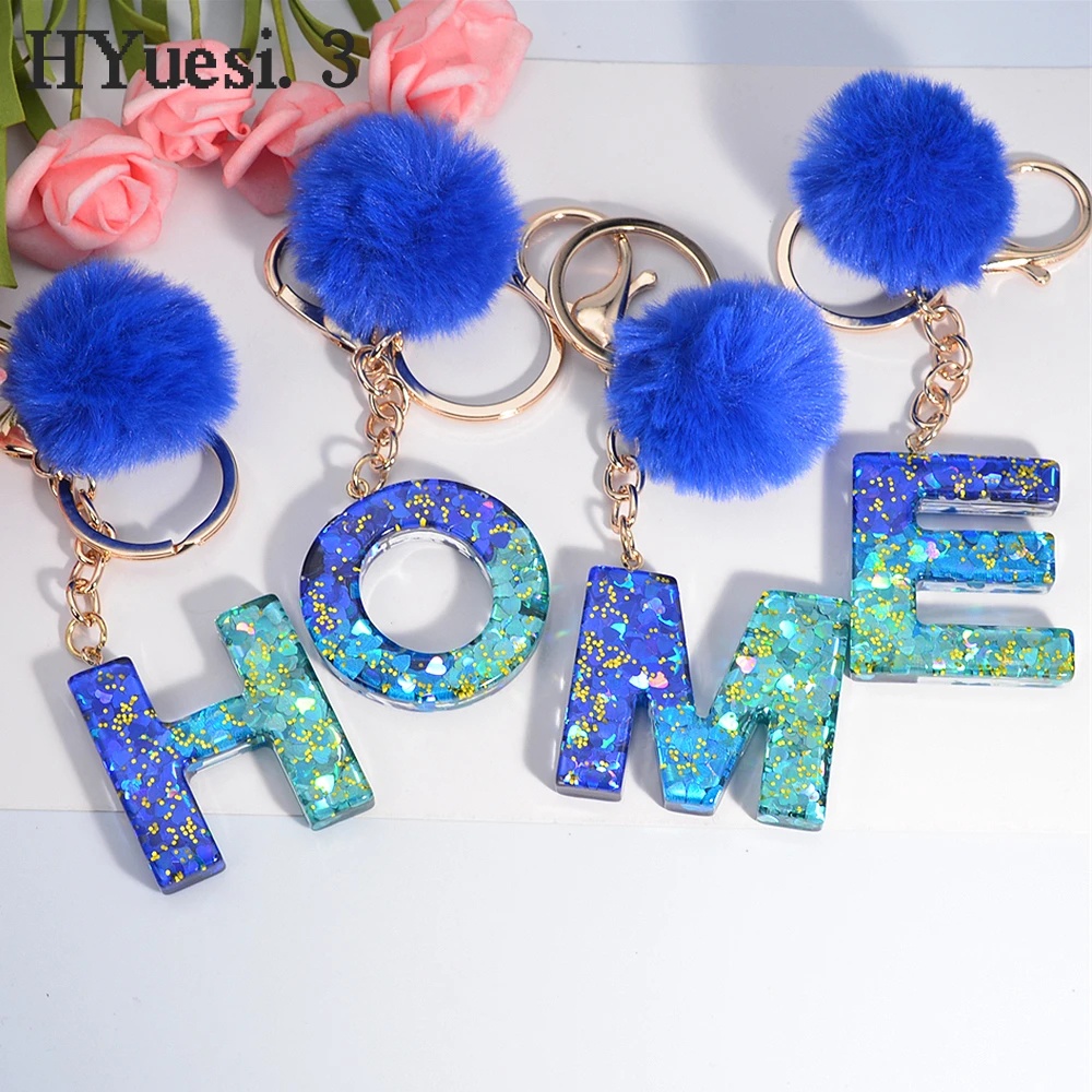Móc Khóa Hình Quả Cầu Lông Xù 26 Chữ Cái A-Z Màu Gradient Xanh Dương Gradient Thời Trang Cho Nữ