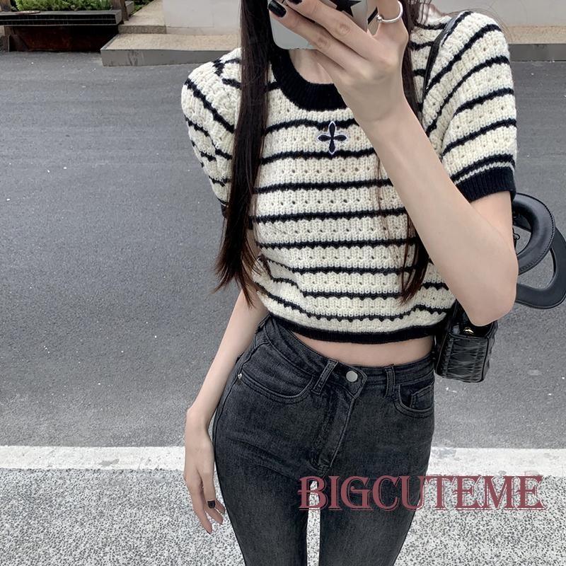 Áo Thun Dệt Kim Tay Ngắn Cổ Tròn Thêu Họa Tiết Kẻ Sọc Thời Trang Mùa Hè Cho Nữ