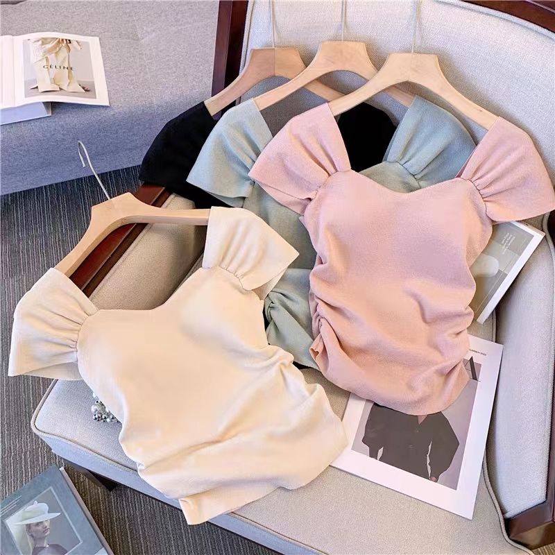 Áo Dệt Kim Tay Ngắn Cổ Vuông Màu Trơn Thời Trang Mùa Hè Xinh Xắn Cho Nữ