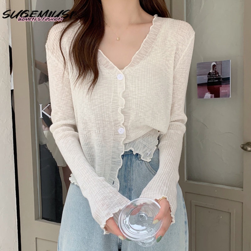Sugemiusi Áo Khoác Cardigan Dệt Kim Mỏng Chống Nắng Dáng Ngắn Phối Lưới Thời Trang Mùa Hè Cho Nữ
