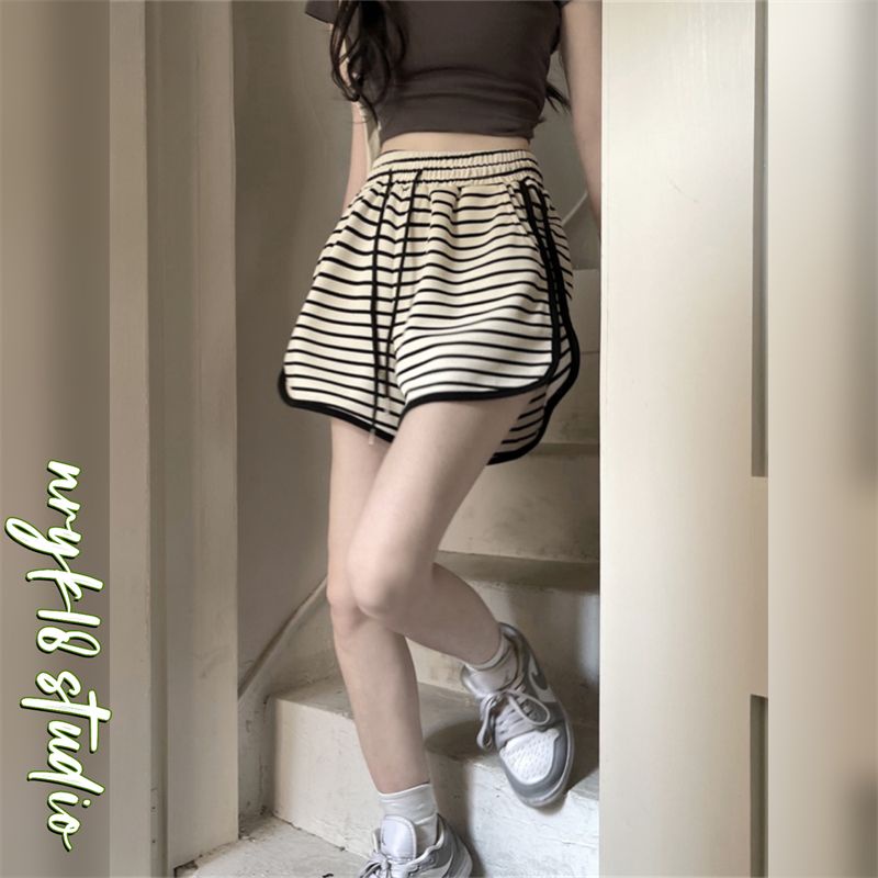 Quần Short Thể Thao Lưng Thun Ống Rộng Họa Tiết Kẻ Sọc Phong Cách Hàn Quốc Thời Trang Mùa Hè Cho Nữ
