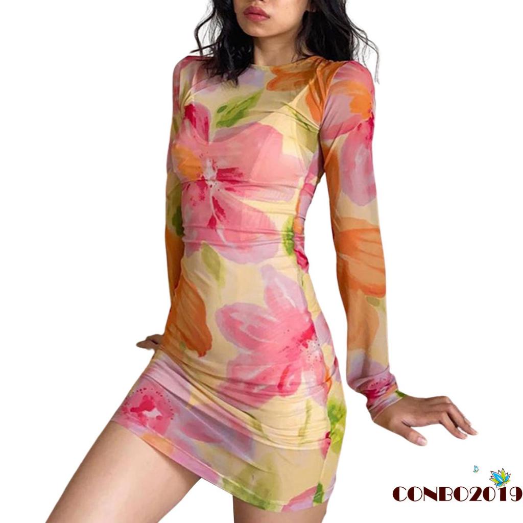 Đầm Ngắn Tay Dài Cổ Tròn Eo Cao Xuyên Thấu In Họa Tiết Hoa Cho Nữ