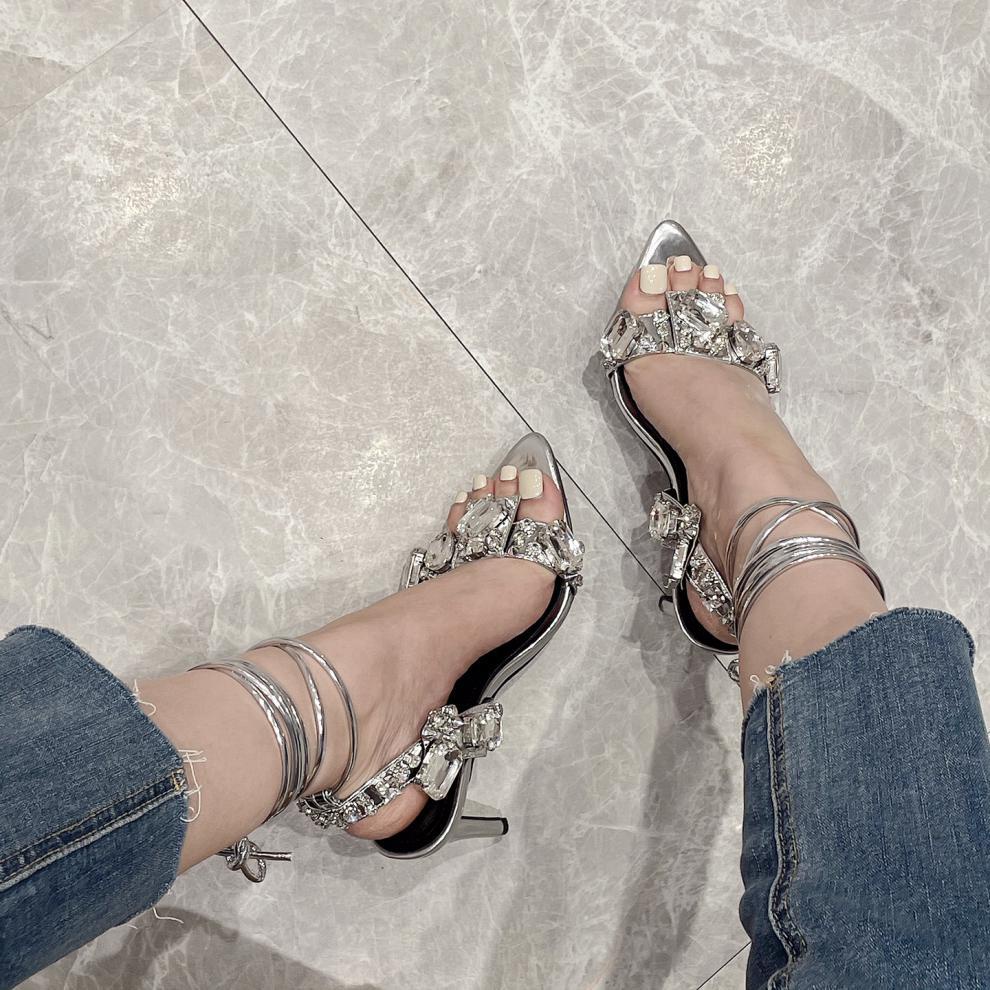 Giày Cao Gót 8.5cm 11CM Mũi Nhọn Gót Thấp Đính Đá Thời Trang Mùa Hè Phong Cách Âu Mỹ Hàng Mới 2023