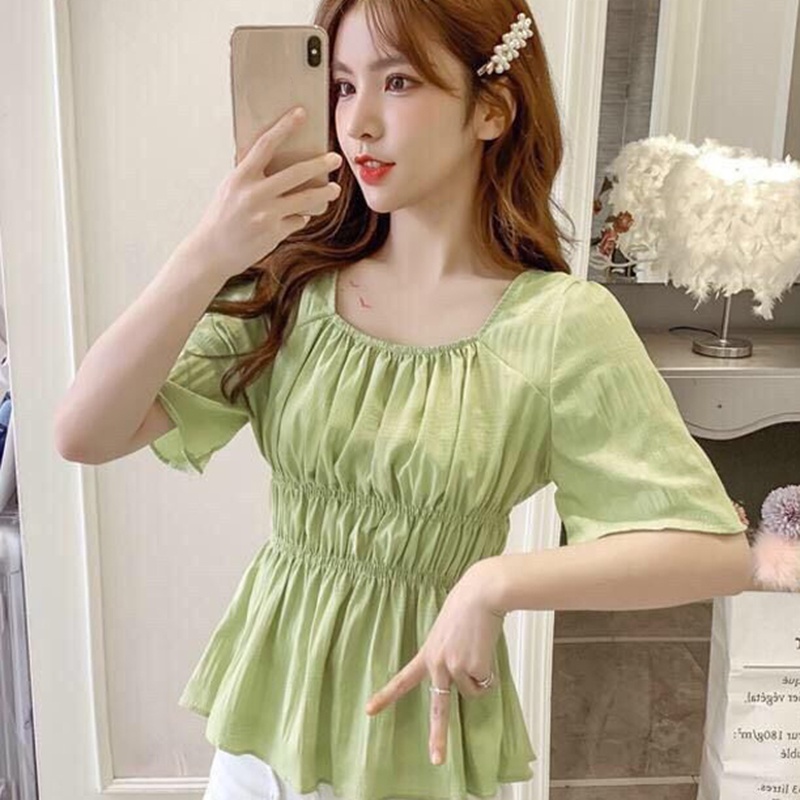 IELGY Áo chiffon Cổ Vuông Tay Phồng Ngắn Phong Cách Hàn Quốc Thời Trang Cho Nữ