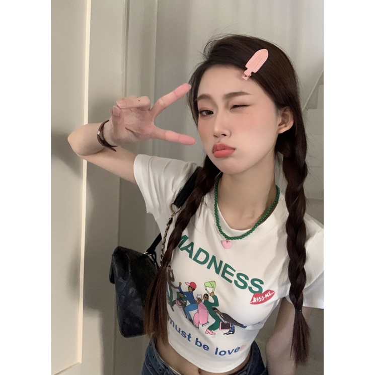 Áo baby tee Thun croptop Cotton Ngắn Tay Hở Rốn Eo Cao Thời Trang Retro Mỹ Cho Nữ