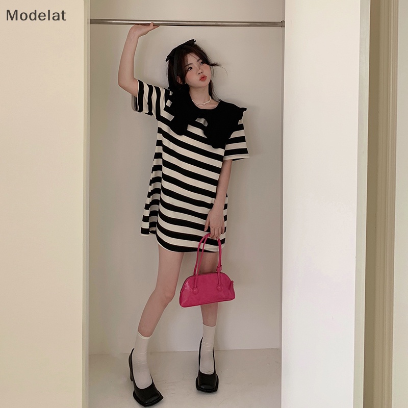 Mfc Đầm Tay Ngắn Dáng Rộng Họa Tiết Kẻ Sọc Chắp Vá Màu Ấm Trẻ Trung Cho Nữ Sinh
