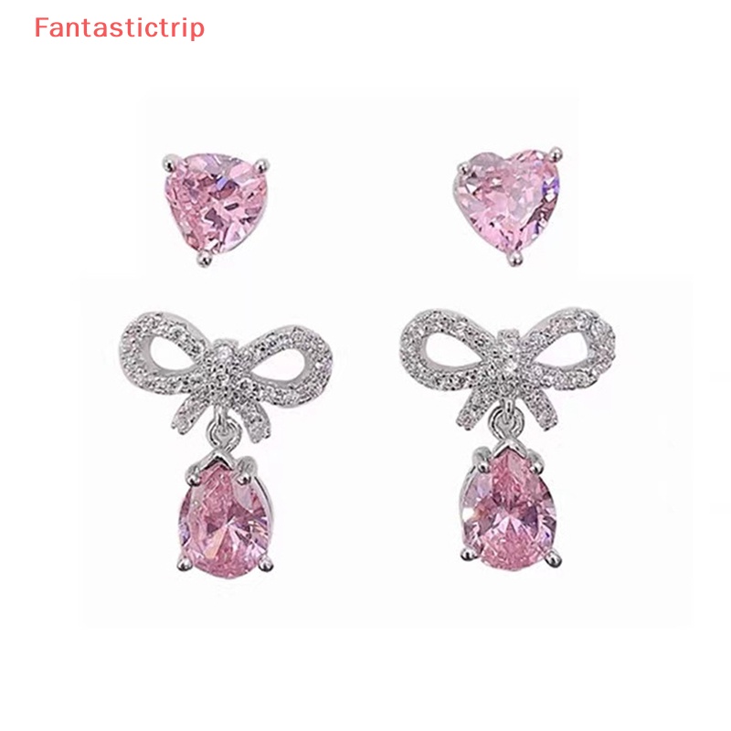 Set 1 / 2 Đôi Khuyên Tai Đính Đá Zircon Hồng Hình Giọt Nước Thanh Lịch Cho Nữ Mới