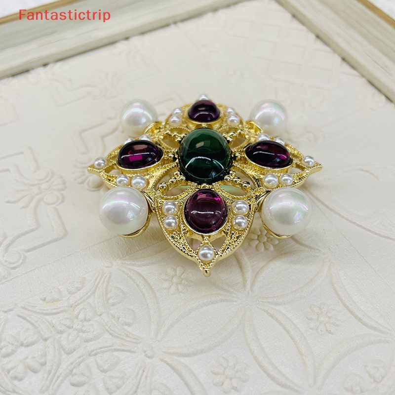 [Fantastictrip] Ghim Cài Áo Bằng Thủy Tinh Giả Ngọc Trai Chạm Khắc Chữ Thập Nhiều Màu Thời Trang Vintage Niche