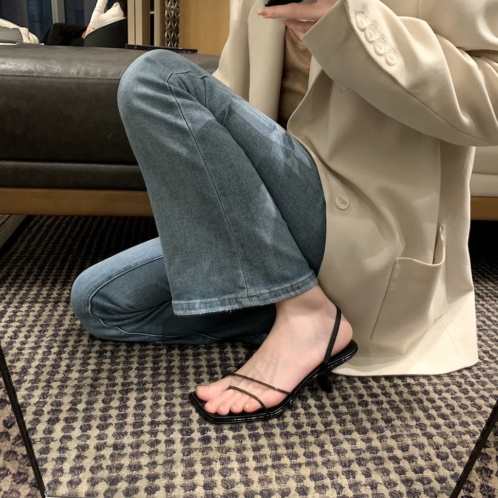 [sheii Su Yinyin] Dép Cao Gót Mũi Vuông Bằng Da Thật Hai Cách Mang Phong Cách Pháp Cho Nữ