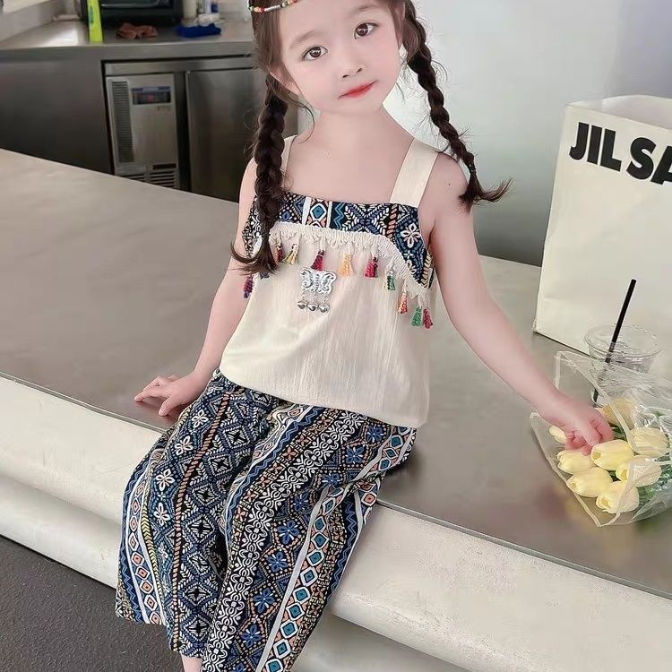 Set Áo Hai Dây Thêu Họa Tiết Thổ Cẩm + Quần Thời Trang Cho Bé Gái