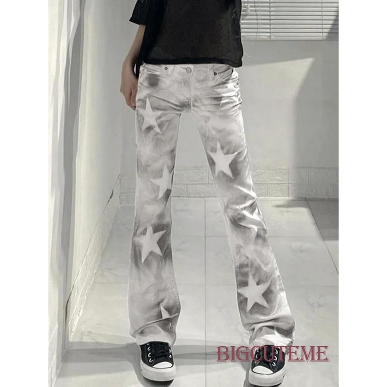 Quần Dài Dáng Suông Rộng Eo Thun In Màu Nhuộm Hình Ngôi Sao Thời Trang Đường Phố Cho Nữ
