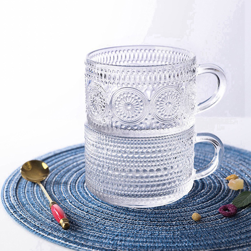 Cốc Uống Cà Phê Bằng Thủy Tinh Dập Nổi Họa Tiết Cổ Điển Có Tay Cầm Có Thể Xếp Chồng Lên Nhau