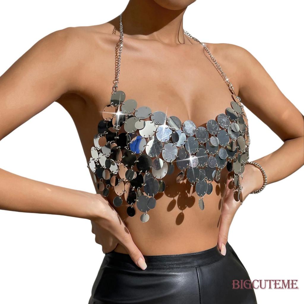 [] - Áo Crop Top Không Tay Đính Kim Sa Bạc Thời Trang Dự Tiệc Cho Nữ