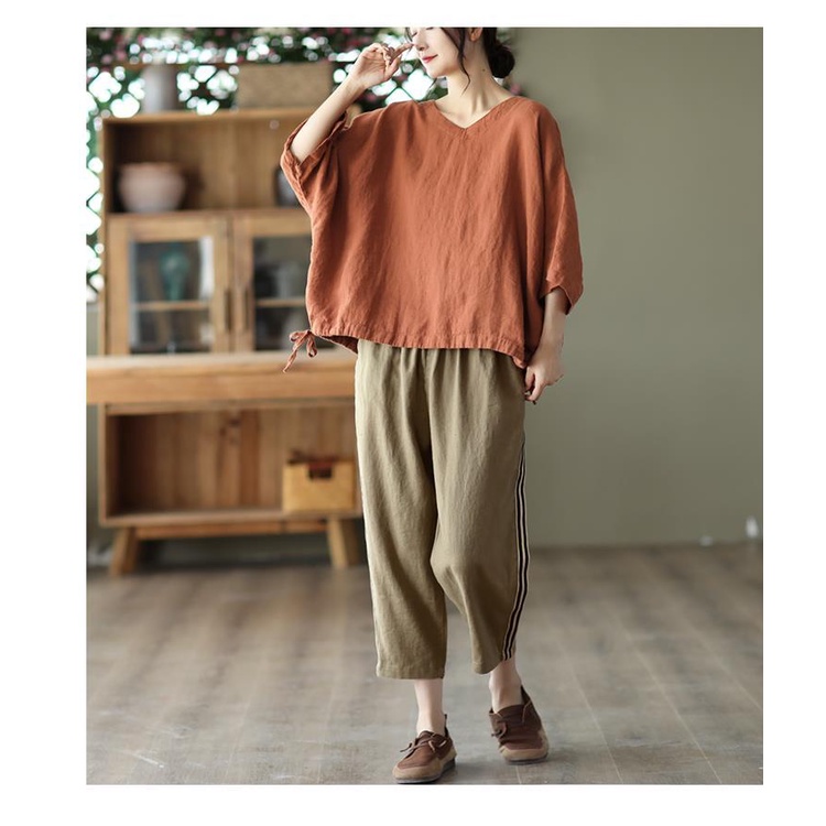 Áo Thun Nữ Tay Ngắn Bằng Cotton Linen Phong Cách Retro Thời Trang