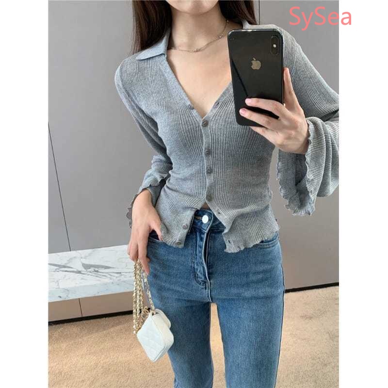 Áo Kiểu Cổ Chữ V Phối Ren Dáng Ôm Quyến Rũ Cho Nữ