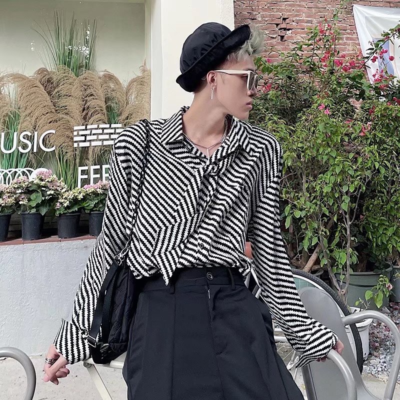 Áo Sơ Mi Nam Tay Dài Dáng Rộng Họa Tiết Cà Vạt Cá Tính