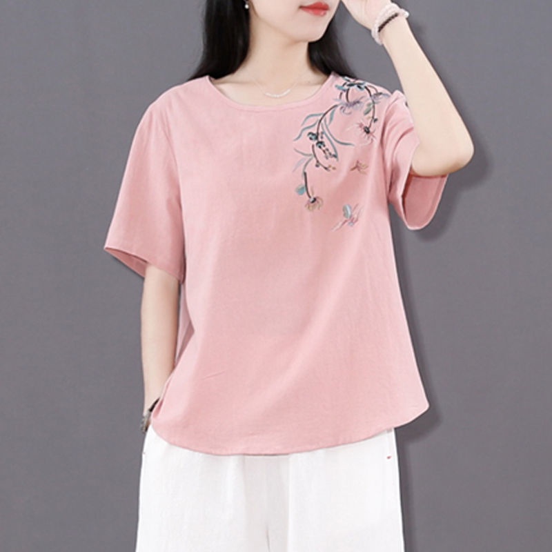 Áo Thun Cotton Tay Ngắn Dáng Rộng Thêu Họa Tiết Cổ Điển Thời Trang Mùa Hè Kiểu Mới Cho Nữ