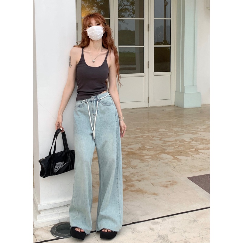 Quần Denim Lưng Cao Ống Suông Rộng Thời Trang Cá Tính