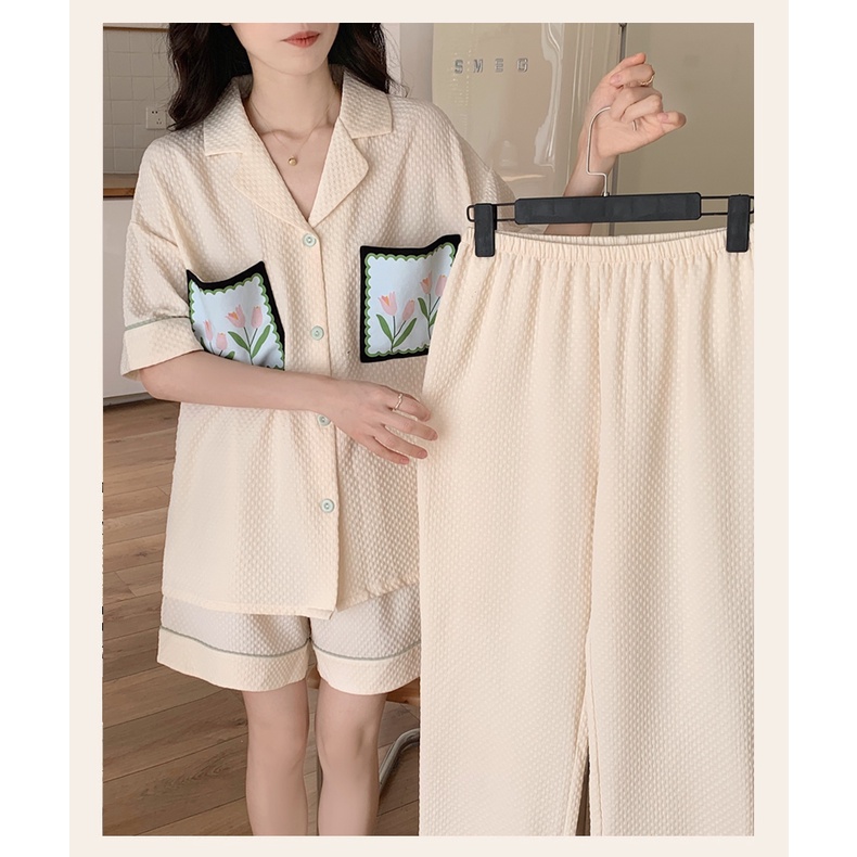 Bộ Đồ Ngủ Ba Món Bằng Cotton Tay Ngắn In Họa Tiết Hoa Tulip Thời Trang Mùa Hè Phong Cách Hàn Quốc Cho Nữ