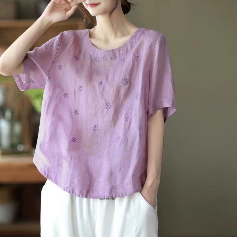 Áo Thun Cotton Lanh Tay Ngắn Thêu Hoa Nghệ Thuật Phong Cách Mới Mùa Hè 2022