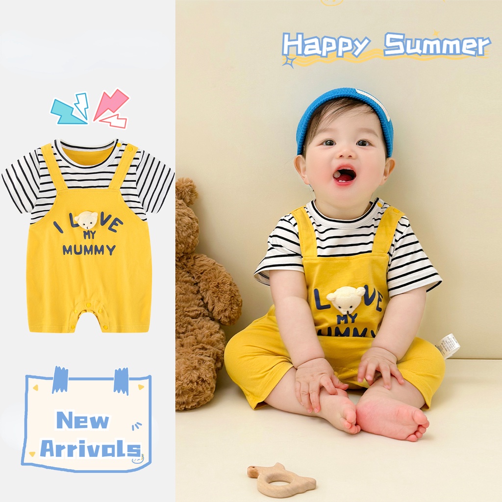 Áo Liền Quần Bằng Cotton Tay Ngắn In Họa Tiết Gấu Hoạt Hình Phong Cách Hàn Quốc Thời Trang Mùa Hè Dành Cho Bé Trai Gái 0-18