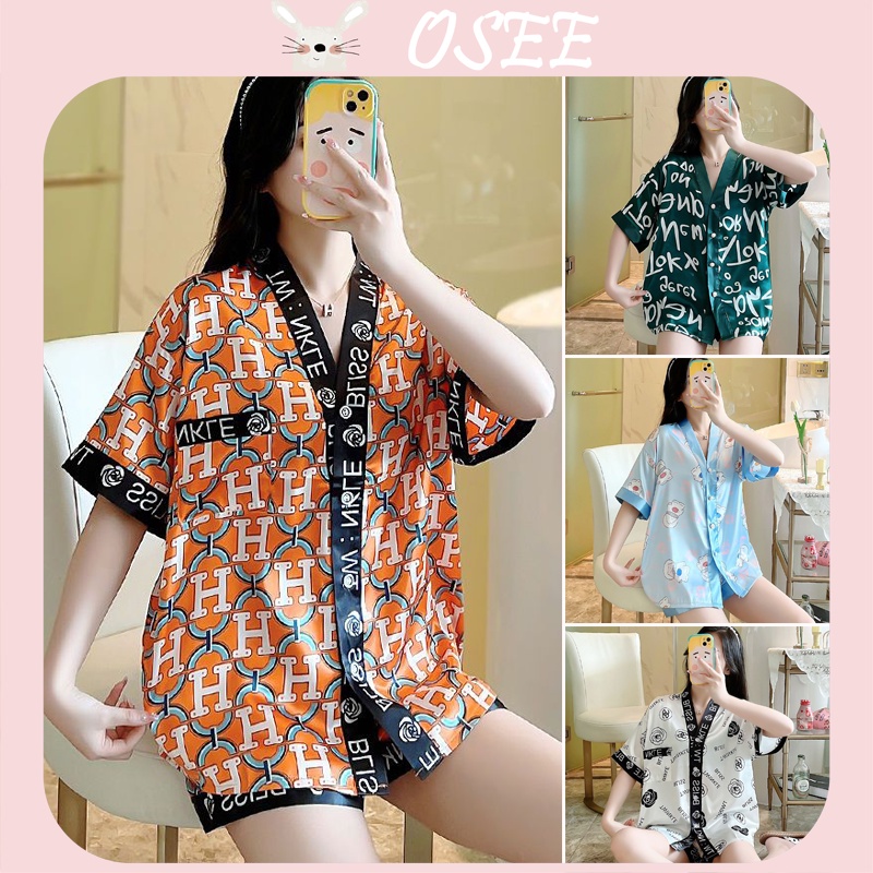Bộ Đồ Ngủ Lụa Lạnh Tay Ngắn Cổ Chữ V In Chữ Nhẹ Nhàng Phong Cách Phương Tây Thời Trang Cao Cấp