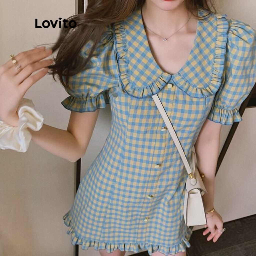 Đầm Lovito viền nhún bèo kẻ sọc phối nút xinh xắn cho nữ LNE12147 (xanh dương nhạt)