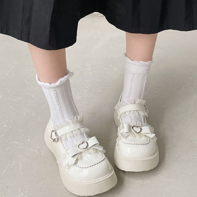 Giày nữ Lolita Da Đế Dày Đính Nơ Phong Cách Lolita Mary Jane vòng đầu giày đen