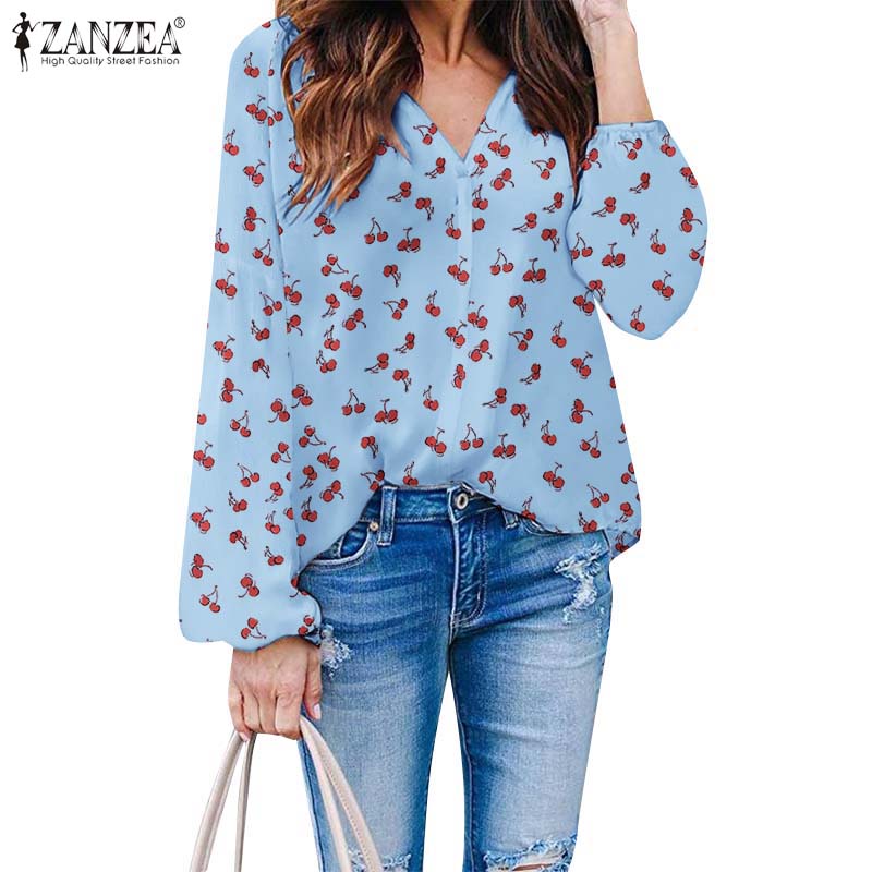 Zanzea Áo Sơ Mi Nữ Dài Tay Cổ Chữ V In Họa Tiết Quả Cherry Xinh Xắn