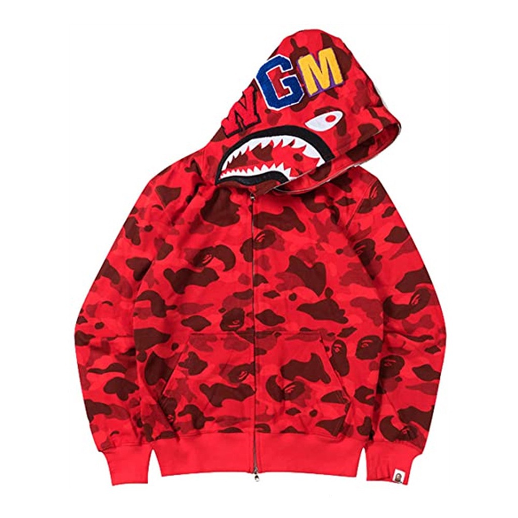 Áo Khoác Hoodie Dáng Rộng In Họa Tiết Đầu Cá Mập bape Rằn Ri Hai Đường Kẻ Thiết Yếu Cho Nam