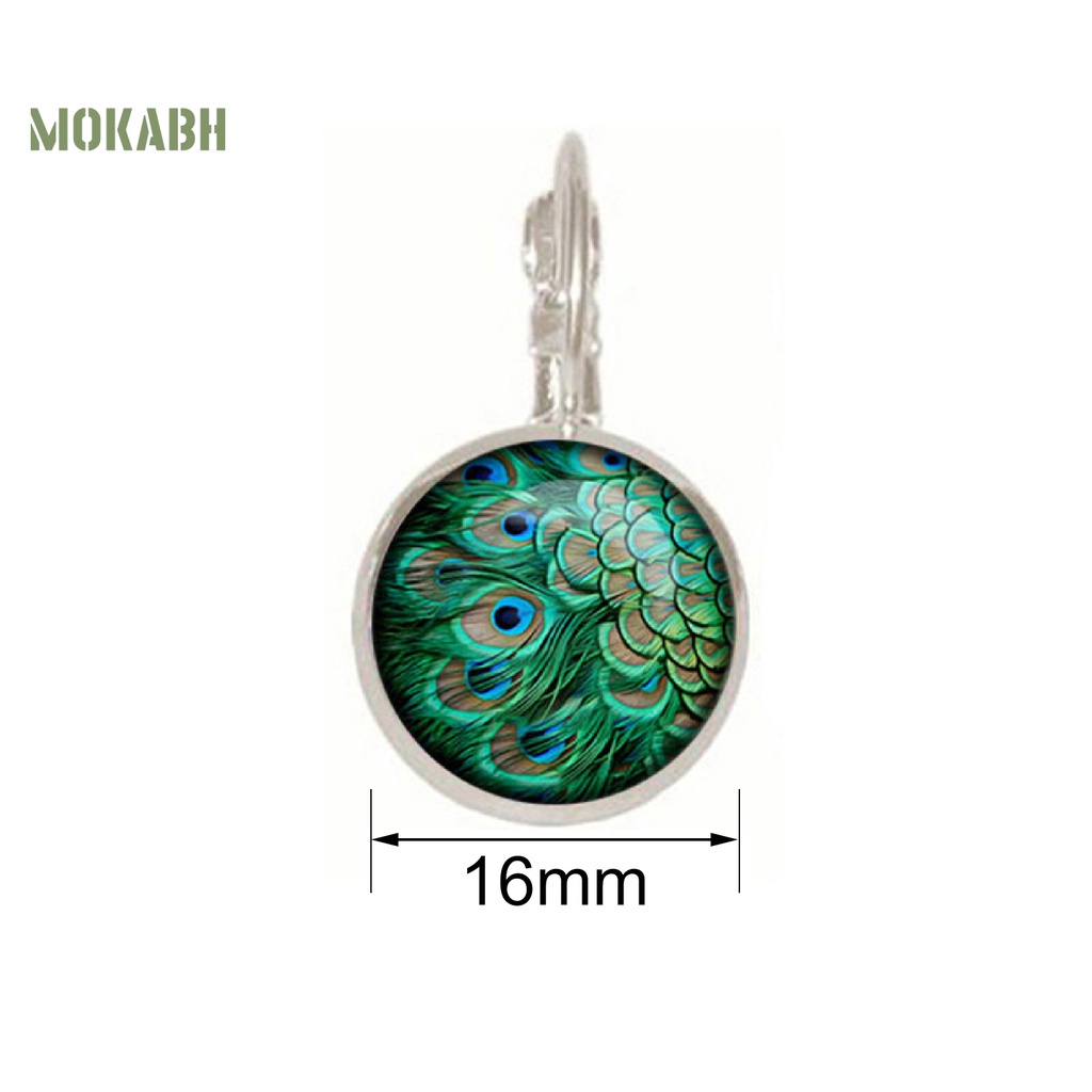 1 Đôi Bông Tai Mặt Kính Cabochon Hình Chim Công 2 Màu Phong Cách Vintage