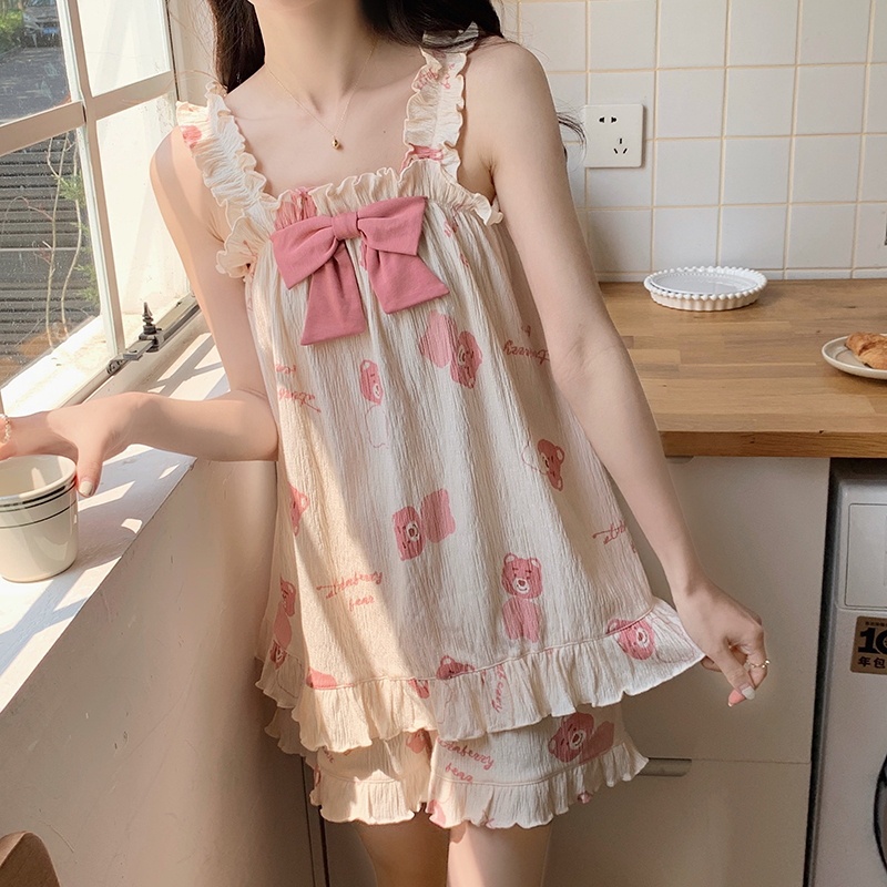 Bộ Đồ Ngủ Sát Nách Chất Liệu Da Mỏng Họa Tiết Gấu Và Dâu Tây Thời Trang Mùa Hè Cho