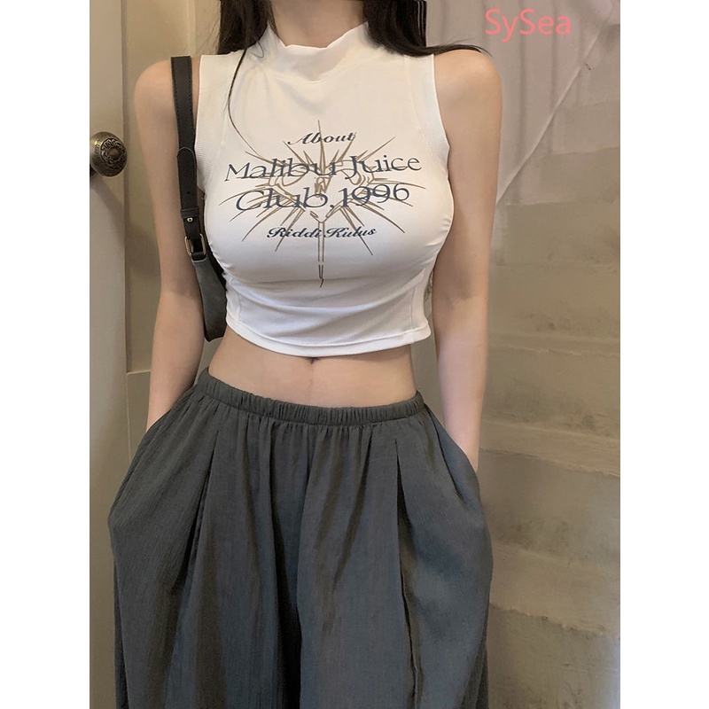 Áo Hai Dây Xếp Ly In Chữ Phong Cách Mỹ Quyến Rũ Cho Nữ