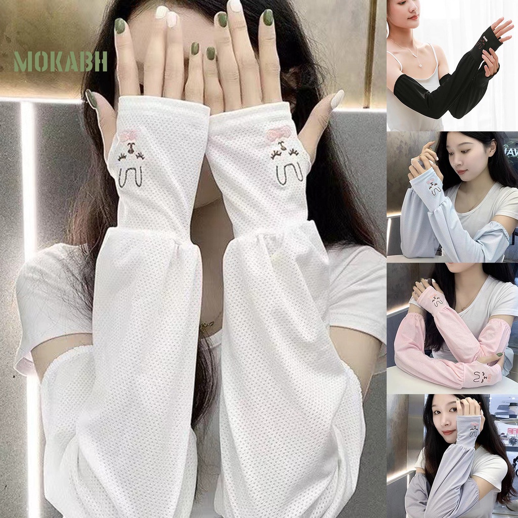 1 Cặp Găng Tay Chống Nắng Chống Trượt Bằng Lụa Lạnh Co Giãn Thêu Họa Tiết Thỏ