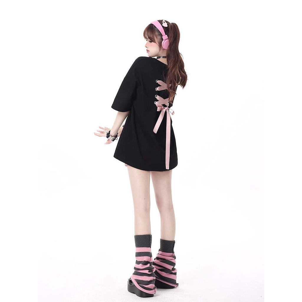 Áo Thun Cotton Nguyên Chất Buộc Dây Nơ Dáng Rộng Tay Ngắn Thời Trang Mùa Hè Cho Nữ 8W9ZS